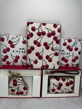 NEW COACH Chalk w Cherry Print Leather Cosmetic Pouch, Bag Charm, Notebook Set
